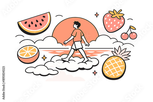 Whimsical Cloud Stroll. Dreamy summer illusion. A person walking on clouds above the sea, giant sun and
