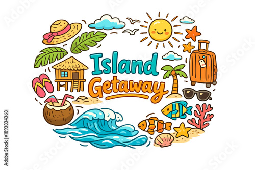 Island Getaway. Hand-drawn doodle illustration of Island Getaway. Beach hut, palm leaves, ocean waves, sun hat