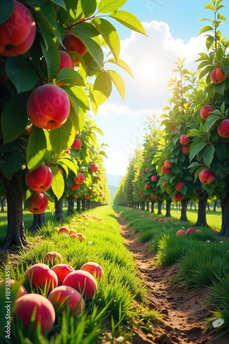Sun-drenched peach orchard bursting with ripe, juicy fruit hanging heavy on the branches A picturesque summer scene of abundant harvest ready for picking , organic, full, harvest