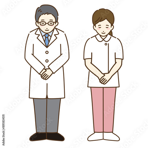 お辞儀をする医者と看護師の全身イラスト