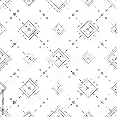 Seamless monochrome geometric pattern featuring repeating diamond shapes with distressed line texture.  made with generative AI