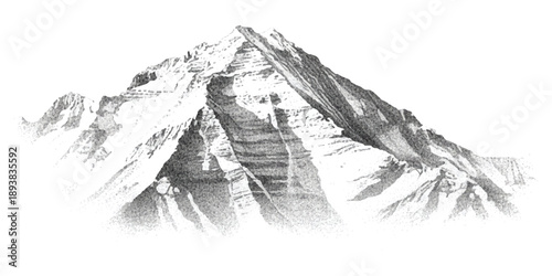 A detailed stippling illustration showcasing a majestic snow-capped mountain peak