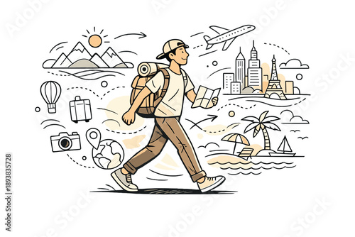 Explore the World. A traveler walking forward as mountains, cities, and beaches appear as line icons around