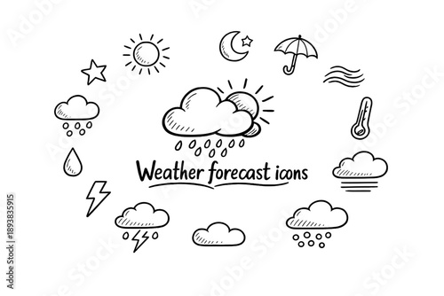 Weather forecast icons. Hand-drawn doodle illustration of Weather forecast icons. In the middle, one slightly