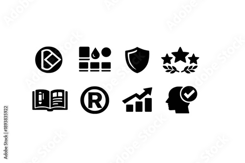 Branding. Filled icon set of Branding: brand logo mark, identity palette, brand shield, reputation stars,