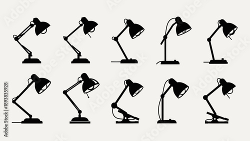 Collection of desk lamps in various positions.