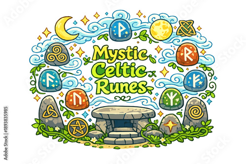 Mystic Celtic Runes. Hand-drawn doodle illustration of Mystic Celtic Runes. glowing runes, Celtic knot