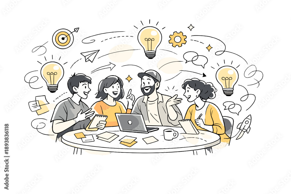 Fototapeta premium Startup brainstorming. People exchanging ideas around a table, lightbulbs, notes, and arrows orbiting