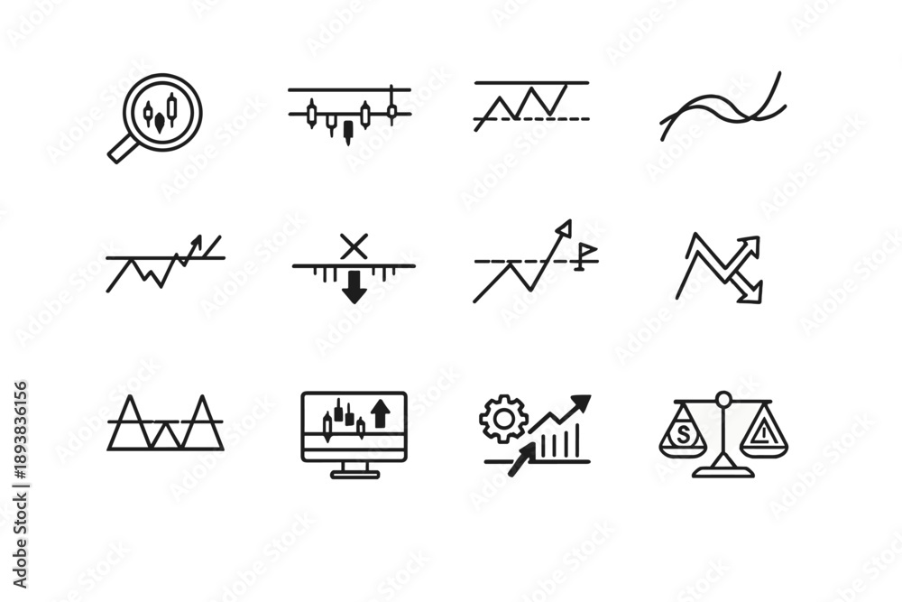 Obraz premium Trading Strategy Icons. Trading strategy icons. Line outline icon set of Trading strategy icons: technical