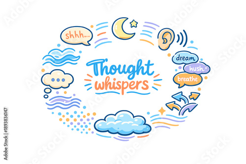 Thought whispers. Hand drawn illustration of Thought whispers. soft speech bubbles, quiet face, floating words