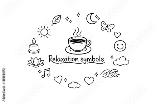 Wallpaper Mural Relaxation symbols. Hand-drawn doodle illustration of Relaxation symbols. In the middle, one slightly larger Torontodigital.ca