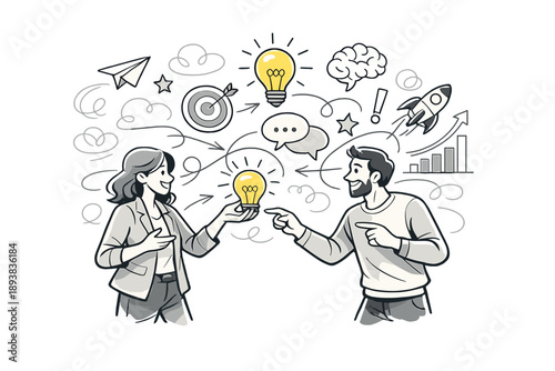 Dynamic Creative Exchange. Creative idea session. Founders exchanging thoughts, lightbulbs and abstract