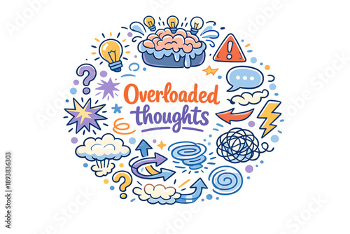 Overloaded thoughts. Hand drawn illustration of Overloaded thoughts. overflowing brain, idea bulbs, arrows,