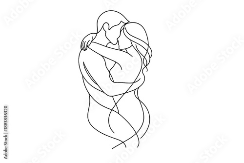 Embracing lovers connection. Minimalistic one-line drawing lovers embracing with intertwined bodies expressing