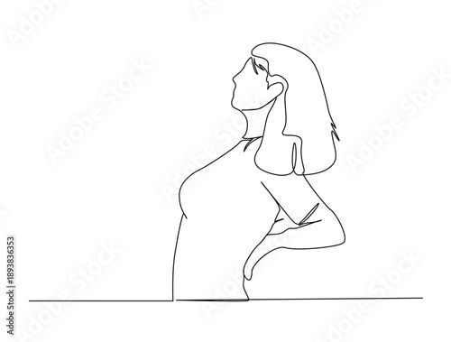 Continuous one line art drawing of woman riding Woman feeling discomfort, holding her lower back. Editable stroke.