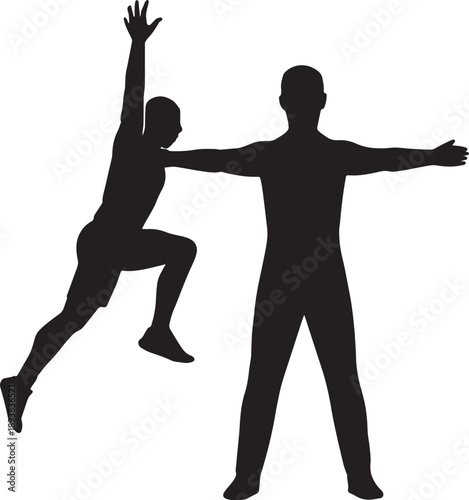 A man caught a boy in one  hand black and white vectors with transparent background 
