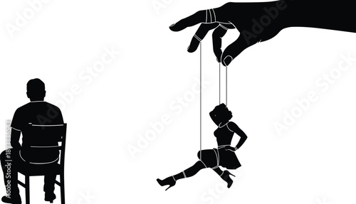 Black silhouette of man sitting on chair watching hand controlling woman puppet on strings, toxic relationship and manipulation concept vector on white background.