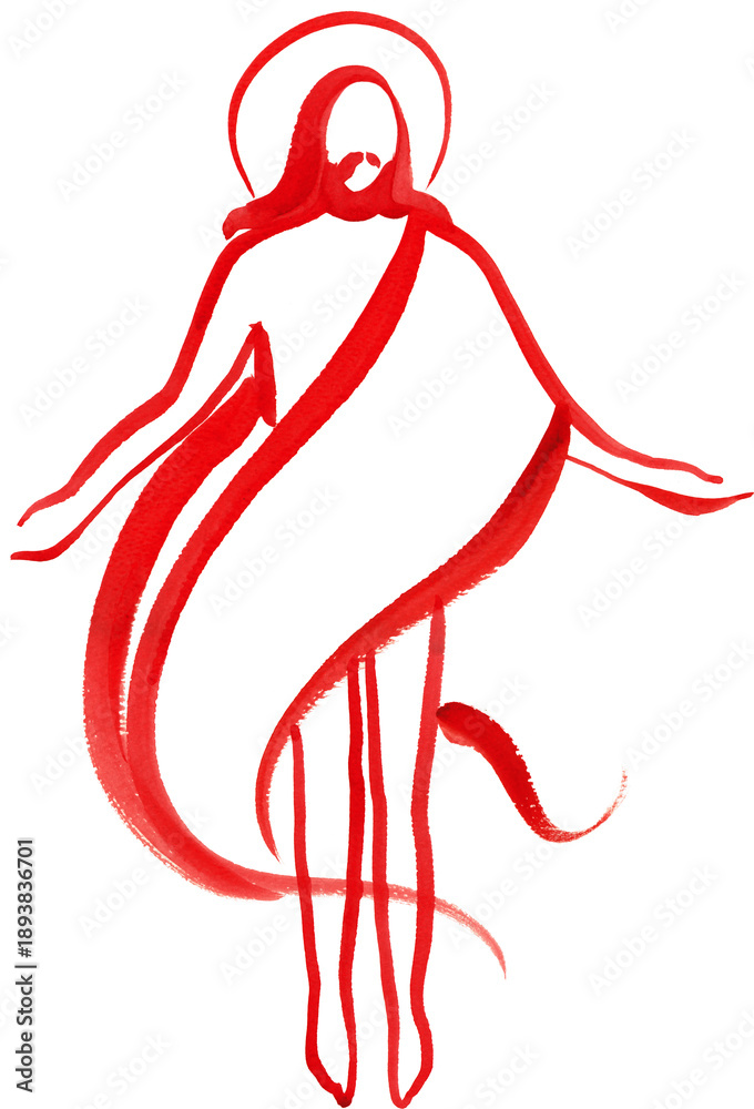 Fototapeta premium Red watercolor painting of Jesus Christ with a halo on transparent background. Religious holy week concept.