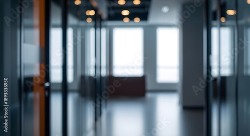 Blurry modern office interior with large windows and reflective floor background