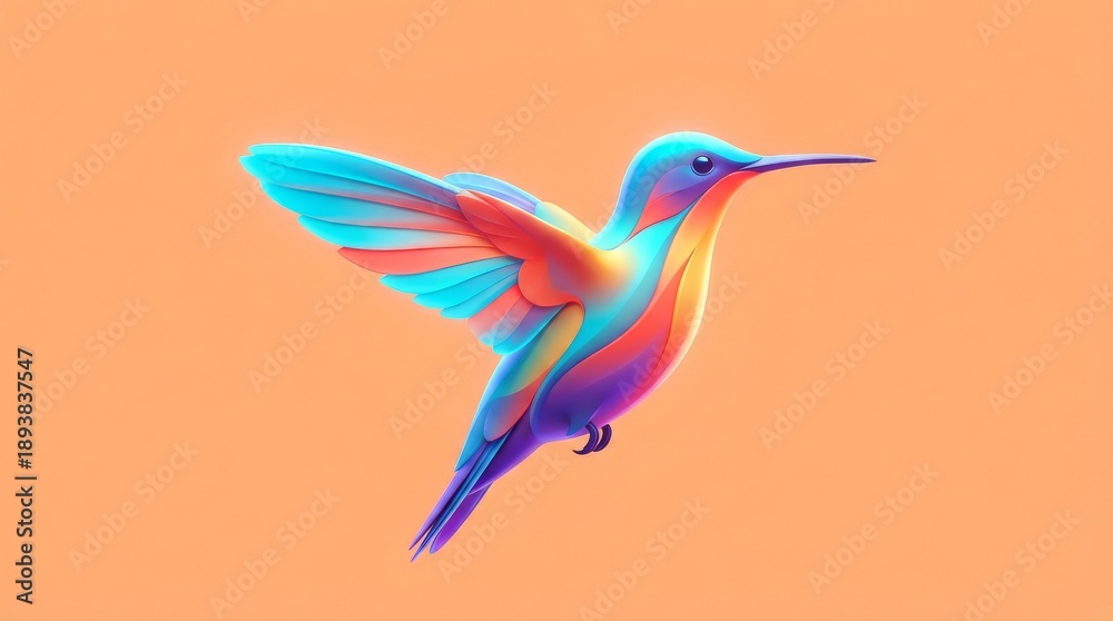 Fototapeta premium Vibrant Hummingbird in Flight Against a Warm Orange Background.