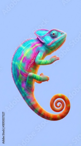 Vibrant Chameleon with Swirling Tail on a Light Blue Background.