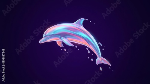 Vibrant Holographic Dolphin Leaping in Dark Water with Splashes.