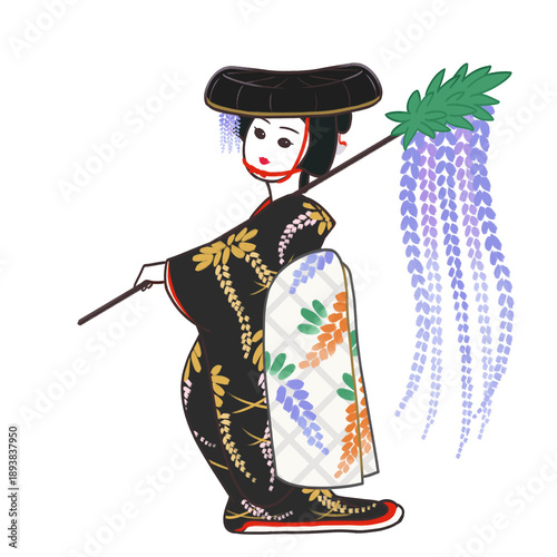 Fujimusume Wisteria Maiden, Traditional Japanese Kabuki Dance Illustration