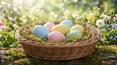 Pastel Easter eggs nestled in a wicker basket on a mossy log. Sunlit spring garden with blooming flowers and vibrant greenery, capturing seasonal joy and renewal