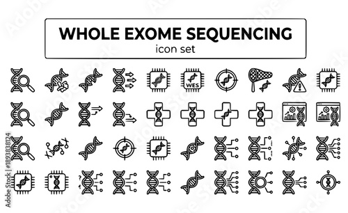 Whole Exome Sequencing WES Exome Analysis Genetic Variants DNA Testing Clinical Genetics Mutation Detection Vector Icon Set - Exome Genomics