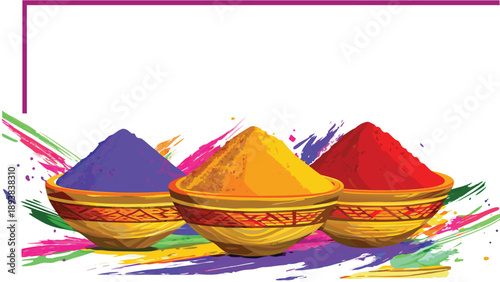 Vibrant holi powder colors in decorative bowls on colorful background