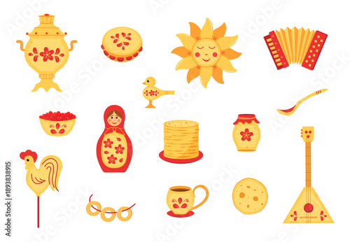 Maslenitsa traditional holiday maMaslenitsa traditional holiday marking the end of winter. Vector doodle illustration of pancakes, samovar, matryoshka, sun, rooster.