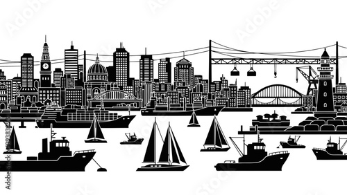 City skyline with ships and boats in the water