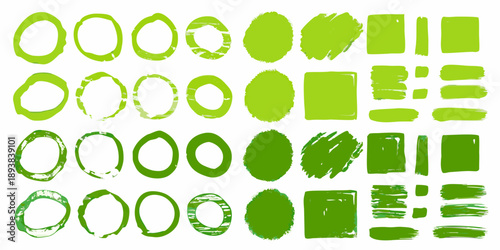Abstract green shapes circles ovals rectangles and brushstrokes