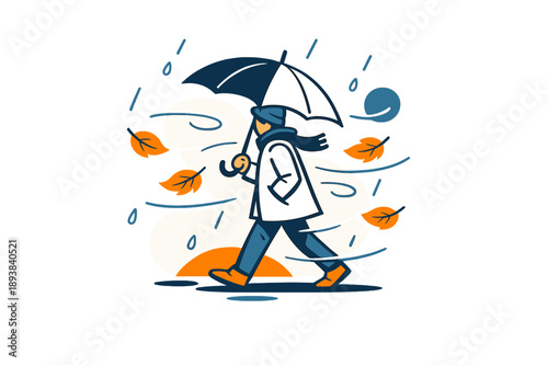 Rainy autumn walk. A person with an umbrella moving through falling rain, trees shedding orange and red leaves