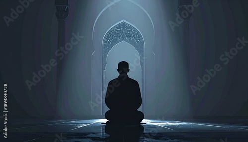 Silhouette of a Muslim man praying while kneeling on a prayer mat against a soft gradient background. Concept of faith, spirituality, Ramadan, worship, peace, devotion, and Islamic religious lifestyle