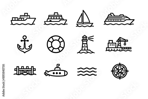 Water transport icons. Line outline icon set of Water transport icons: ship, ferry, sailboat, cruise ship,
