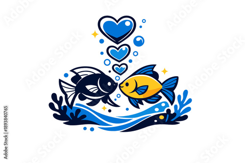 Valentine’s Day underwater. Heart-shaped bubbles rising through clear blue water, two fish circling each other