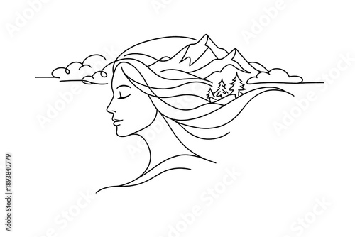 Nature Goddess Elegance. "Mother Nature goddess". Minimalistic one-line drawing serene woman profile blended