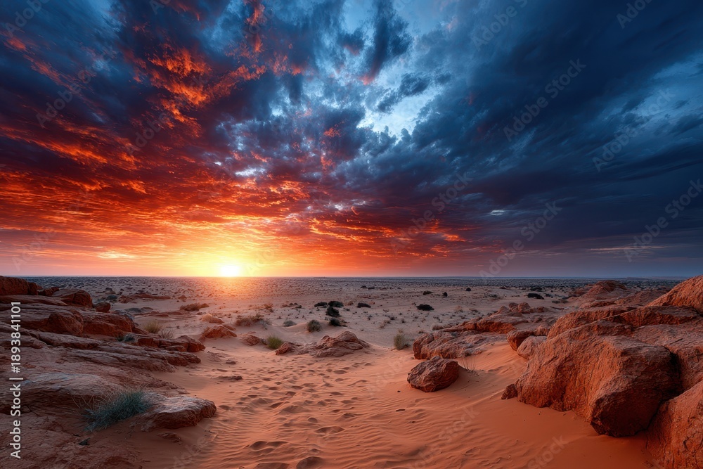 Obraz premium Fiery Red Sunset Over Desert Landscape with Rocks and Sand