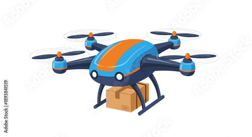 Drone aircraft delivering package in aerial transportation mode viewed from the front