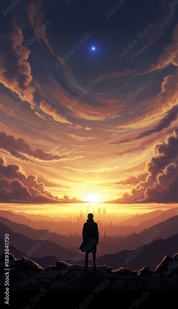 Fototapeta premium Solitary figure watches brilliant sunset over distant urban landscape from mountain overlook