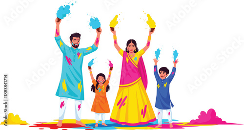 Happy Indian family celebrating Holi festival together with colorful powder and joy, parents and children in traditional attire having fun with gulal