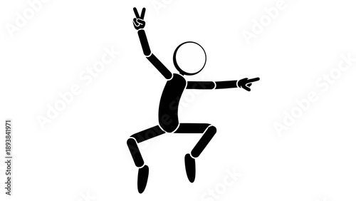 Black silhouette of a jumping person with peace sign and pointing gesture.