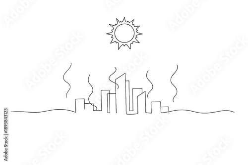 "Urban heatwave scene". Minimalistic one-line drawing tall buildings with distorted air lines and sun overhead