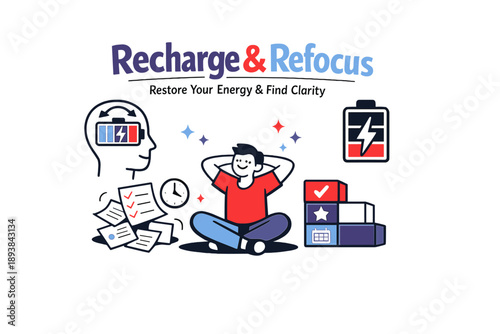 Work burnout prevention concept. Abstract mind and battery icons recharging, tasks reorganizing into neat