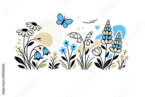 Botanical illustration of spring flowers. Wildflowers growing in rhythmic patterns, stems bending softly as if