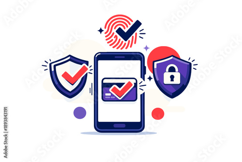 Secure Mobile Banking. Mobile banking icons. Secure payments shown through shields, fingerprints, and