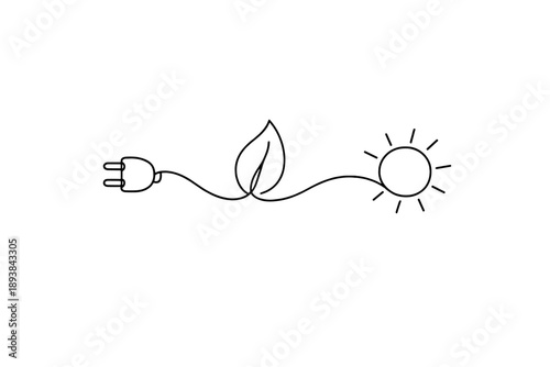"Eco-friendly energy solutions". Minimalistic one-line drawing plug transforming into leaf and sun symbols,
