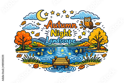 Autumn Night Landscape. Hand-drawn doodle illustration of Autumn Night Landscape. crescent moon, starry sky,