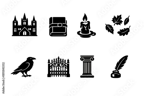 Dark academia autumn. Filled icon set of Dark academia autumn: gothic campus facade, leather book, candle,
